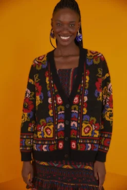 Farm Rio Black Flowers Tapestry Cardigan