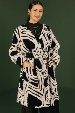 Farm Rio Black And White Wild Hearts Fleece Coat