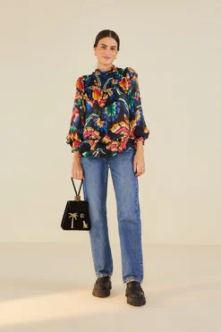 Farm Rio Black Chevron Forest Blouse -Outer Aura 303898 02