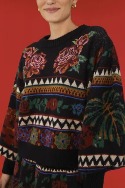 Farm Rio Black Flower Tapestry Embroidered Sweater -Outer Aura 304175 03
