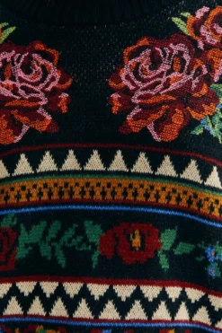 Farm Rio Black Flower Tapestry Embroidered Sweater -Outer Aura 304175 05
