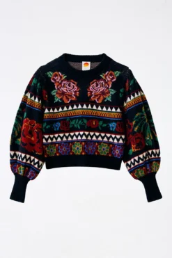 Farm Rio Black Flower Tapestry Embroidered Sweater -Outer Aura 304175 06