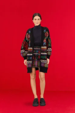 Farm Rio Black Flower Tapestry Cardigan