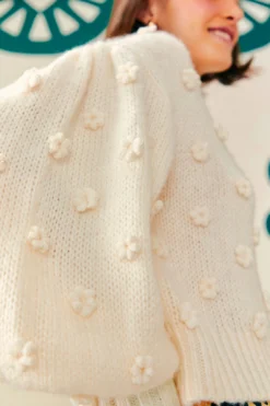 Farm Rio White Handmade Flowers Sweater -Outer Aura 305388 03