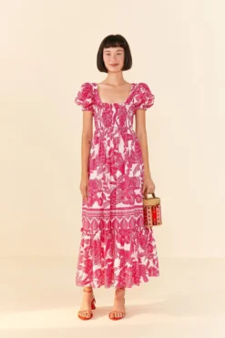 Farm Rio Pink Tropical Woodcut Maxi Dress -Outer Aura 306082 03