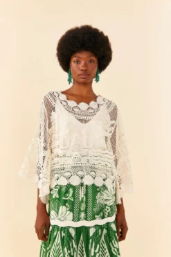 Farm Rio Off-White Morada Boa Guipire Blouse