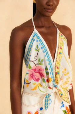 Farm Rio Grandma Gift Embroidered Halter Blouse -Outer Aura 306113 03