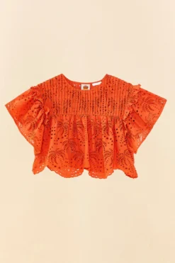Farm Rio Orange Palm Tree Richelieu Blouse -Outer Aura 306123 06