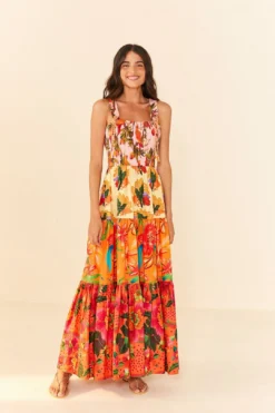 Farm Rio Mixed Warm Prints Organic Cotton Maxi Dress