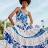 Farm Rio Mixed White And Blue Prints Maxi Dress