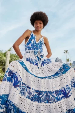 Farm Rio Mixed White And Blue Prints Maxi Dress