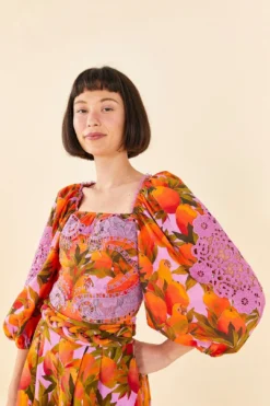 Farm Rio Lilac Mango Macaws Blouse