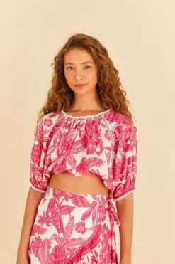 Farm Rio Pink Tropical Woodcut Crop Top