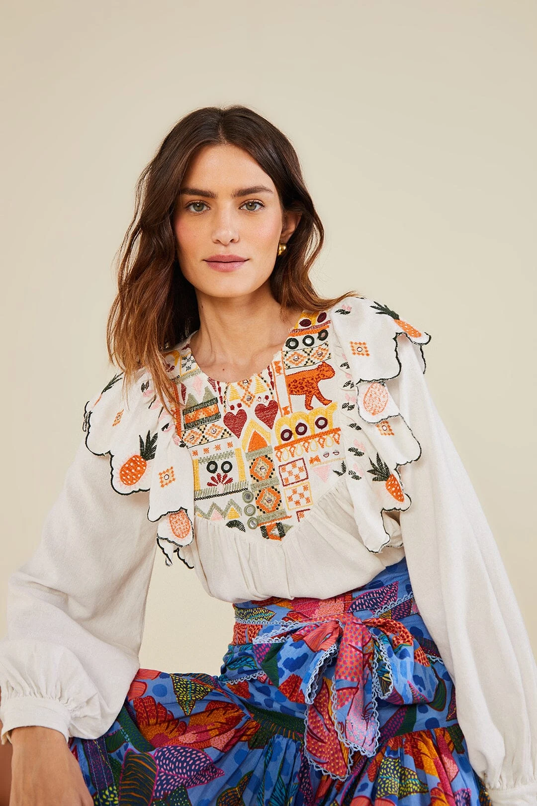 Farm Rio White Embroidered Fall Leaf Blouse 1 Farm Rio White Embroidered Fall Leaf Blouse