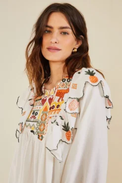 Farm Rio White Embroidered Fall Leaf Blouse 8 Farm Rio White Embroidered Fall Leaf Blouse -Outer Aura 309103 03