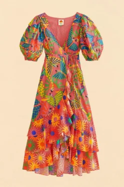Farm Rio Coral Mixed Graphic Macaws Puff Sleeve Midi Dress -Outer Aura 309162 05