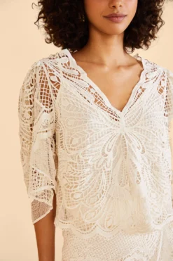 Farm Rio Off-White Butterfly Guipure Blouse -Outer Aura 309242 03