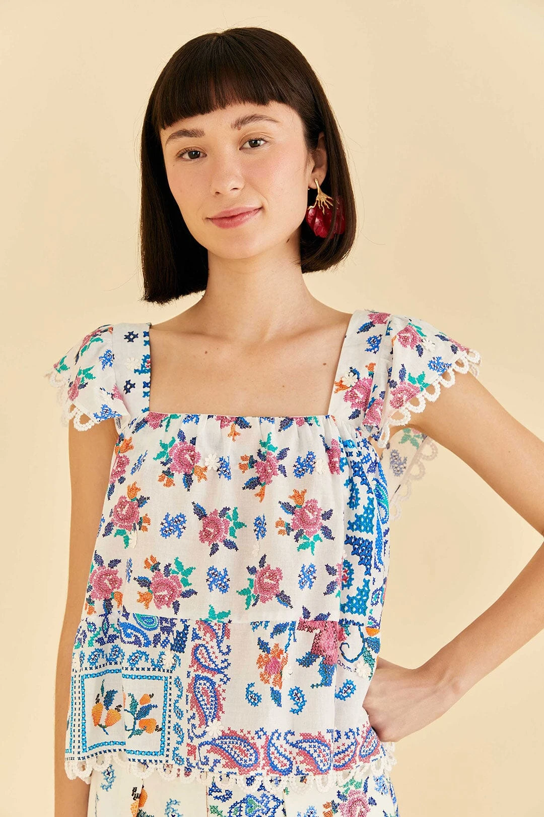 Farm Rio Off-White Romantic Bandanas Blouse 1 Farm Rio Off-White Romantic Bandanas Blouse