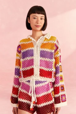 Farm Rio Mixed Crochet Stripes Shirt