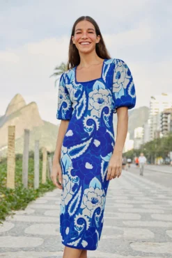 Farm Rio Blue Tropical Groove Knit Midi Dress
