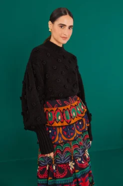 Farm Rio Black Handmade Flowers Sweater