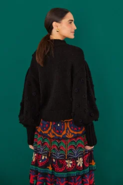 Farm Rio Black Handmade Flowers Sweater -Outer Aura 311882 03