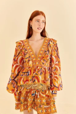 Farm Rio Yellow Palms Party Ruffle Blouse