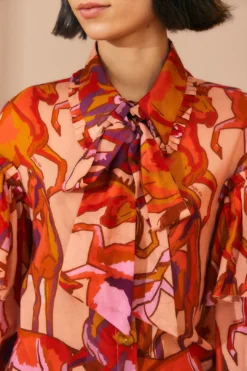 Farm Rio Rose Wild Horses Bow Neck Tie Blouse -Outer Aura 312022 03