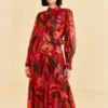 Farm Rio Red Rooster Leaves Long Sleeve Maxi Dress