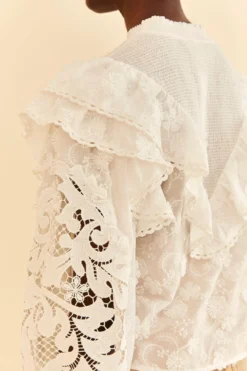 Farm Rio Off-White Smocked Yoke 3d Flower Blouse -Outer Aura 312290 03