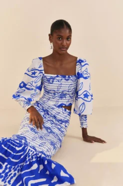 Farm Rio Off-White Pitta Waves Smocked Blouse