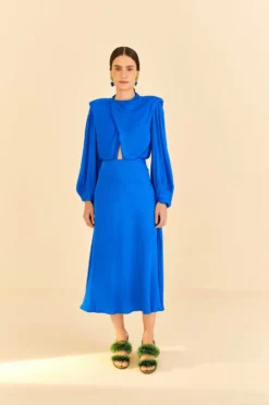 Farm Rio Blue Shoulder Pads Maxi Dress
