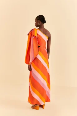 Farm Rio Party Stripes Multicolor One Shoulder Maxi Dress -Outer Aura 314757 04