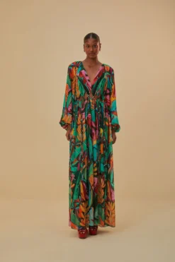 Farm Rio Banana Foliage V Neckline Maxi Dress