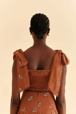 Farm Rio Caramel Embroidered Horses Crop Top -Outer Aura 315964 04