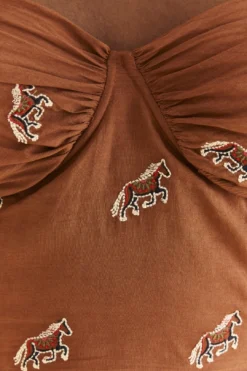 Farm Rio Caramel Embroidered Horses Crop Top -Outer Aura 315964 05