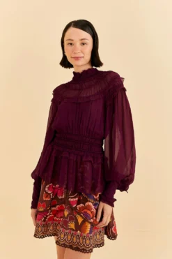 Farm Rio Burgundy Ruffle High Neck Blouse