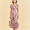 Farm Rio Lilac Floral Monkey Short Sleeve Maxi Dress