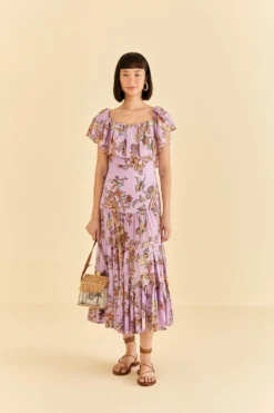 Farm Rio Lilac Floral Monkey Short Sleeve Maxi Dress